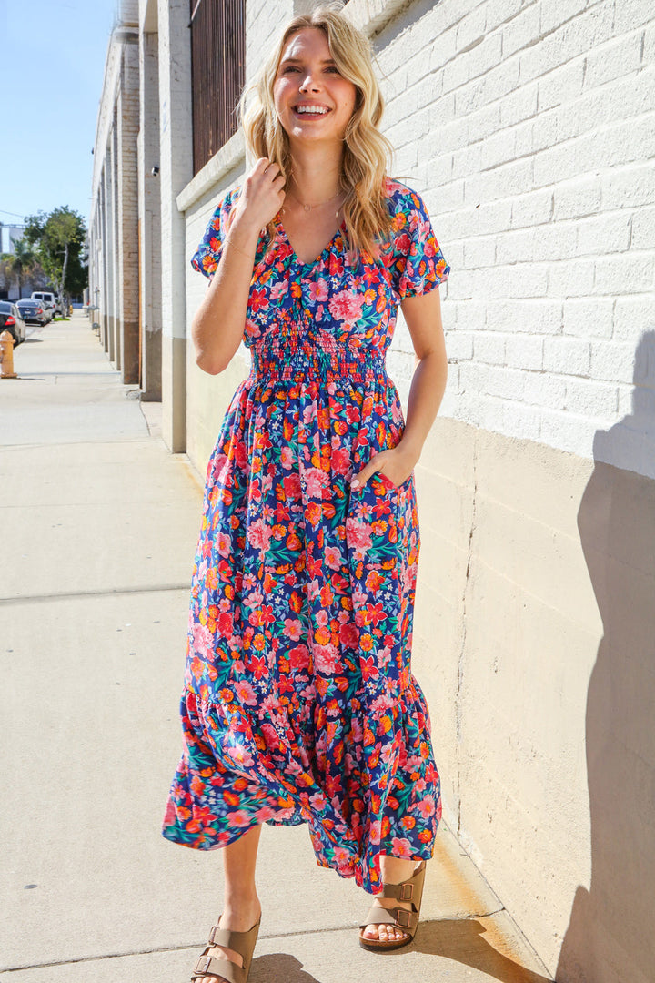 Find Love Blue Floral Raglan Puff Sleeves V Neck Smocked Waist Maxi | Nikki &amp; Co. Boutique