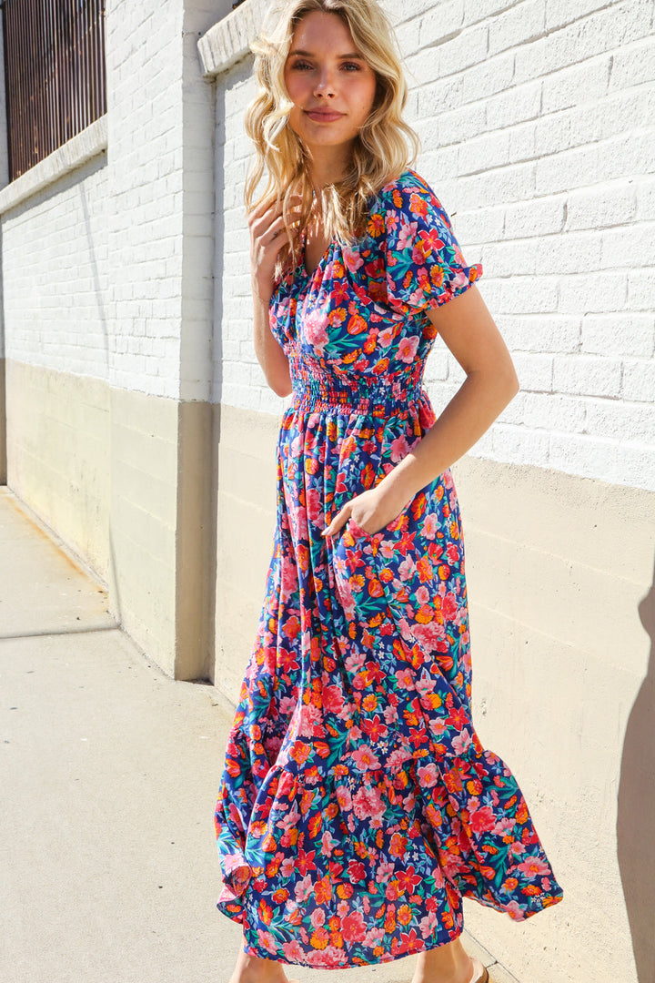Find Love Blue Floral Raglan Puff Sleeves V Neck Smocked Waist Maxi | Nikki &amp; Co. Boutique