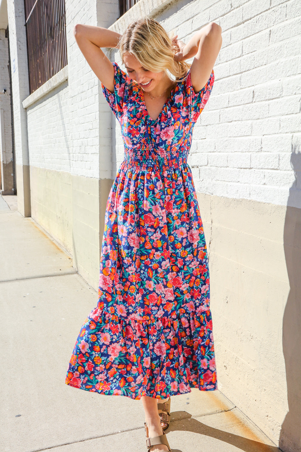 Find Love Blue Floral Raglan Puff Sleeves V Neck Smocked Waist Maxi | Nikki &amp; Co. Boutique