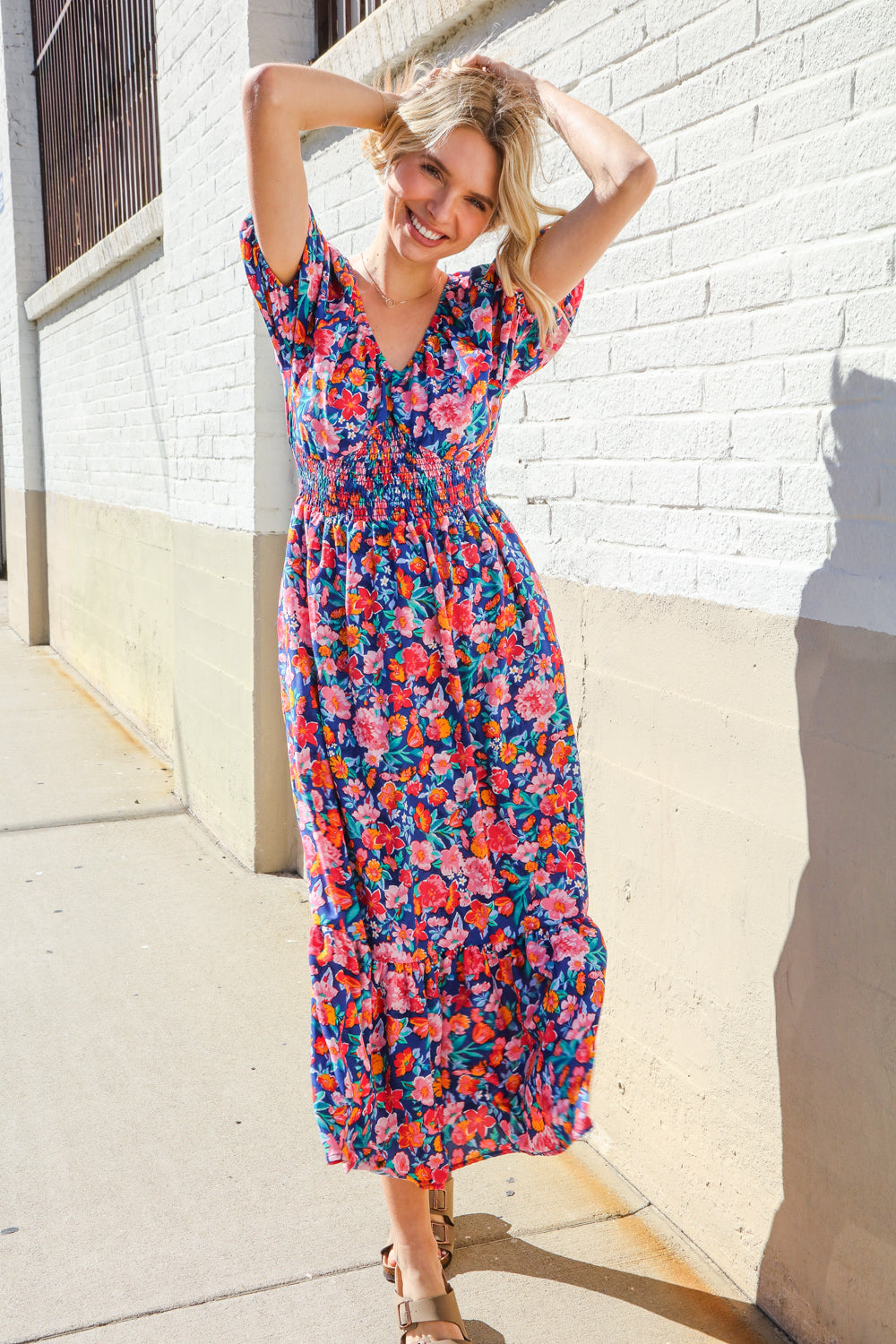 Find Love Blue Floral Raglan Puff Sleeves V Neck Smocked Waist Maxi | Nikki &amp; Co. Boutique