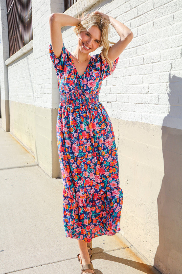 Find Love Blue Floral Raglan Puff Sleeves V Neck Smocked Waist Maxi | Nikki &amp; Co. Boutique