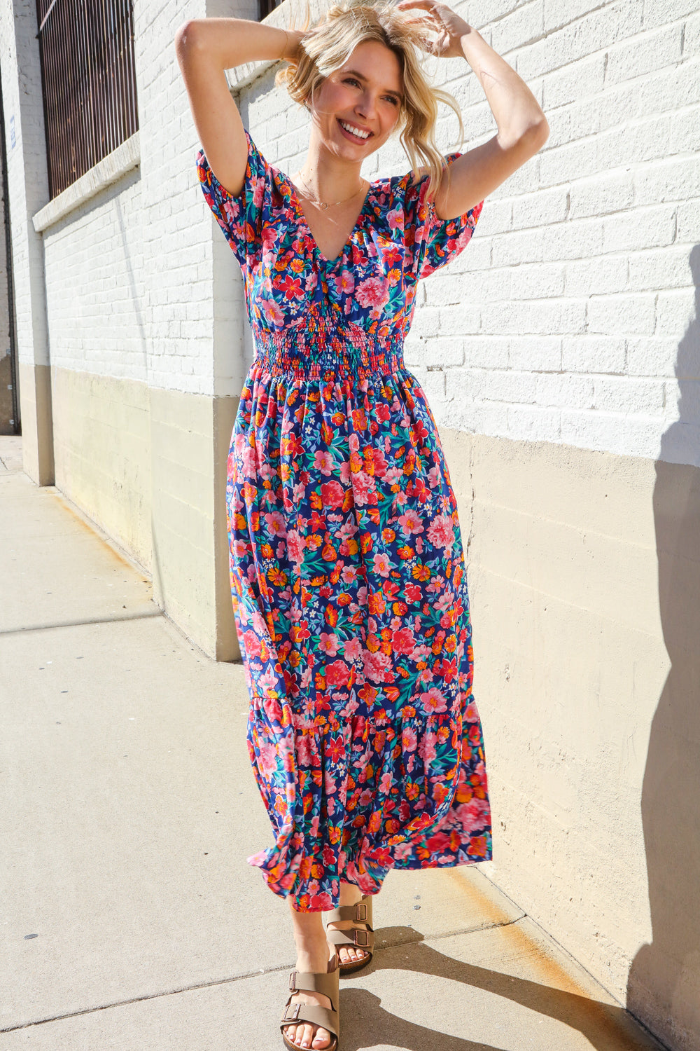 Find Love Blue Floral Raglan Puff Sleeves V Neck Smocked Waist Maxi | Nikki &amp; Co. Boutique