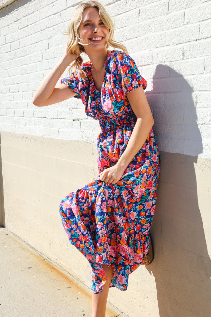 Find Love Blue Floral Raglan Puff Sleeves V Neck Smocked Waist Maxi | Nikki &amp; Co. Boutique