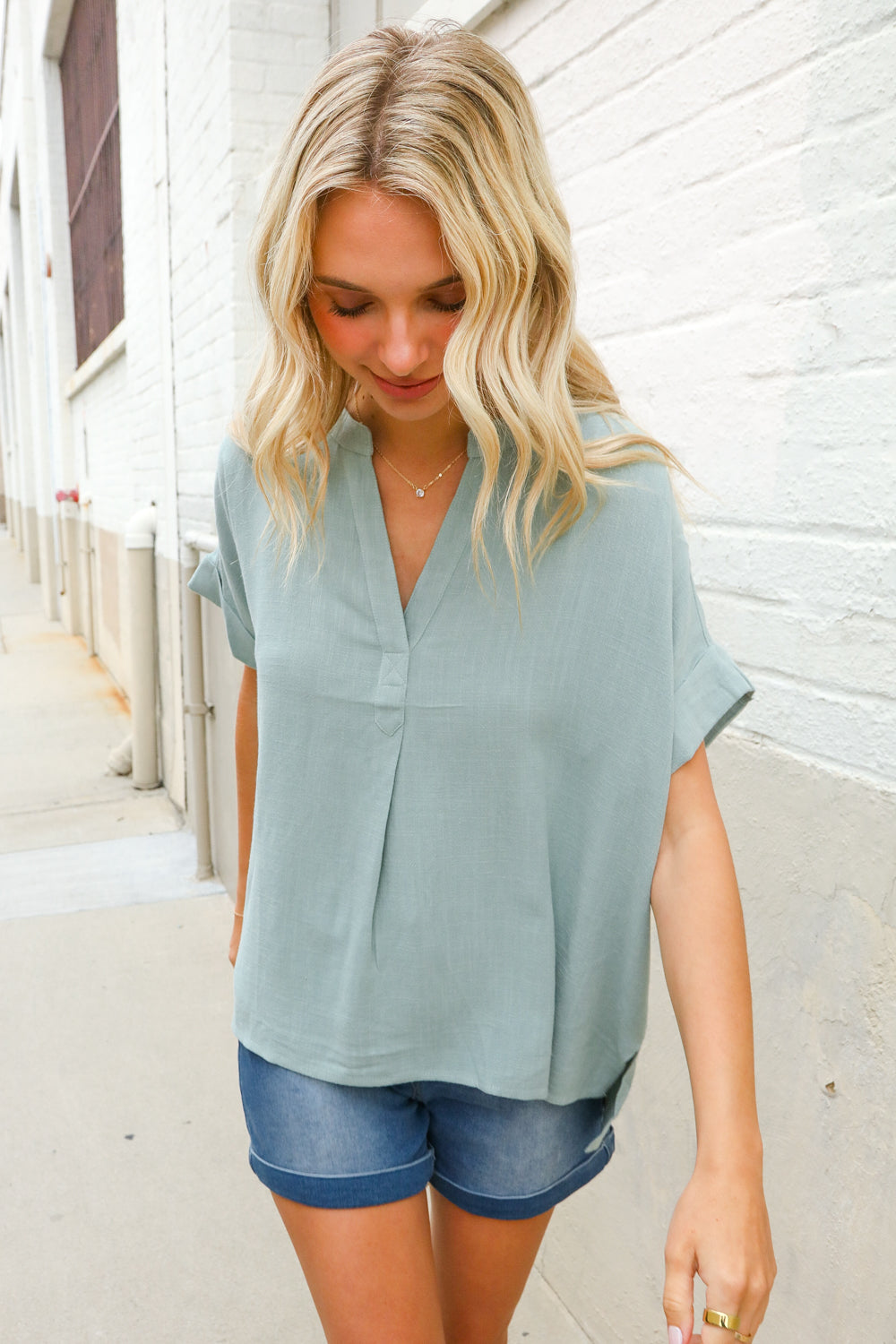 Casual Chic Sage Linen Notch Neck Dolman Shorts Sleeve Top | Nikki &amp; Co. Boutique
