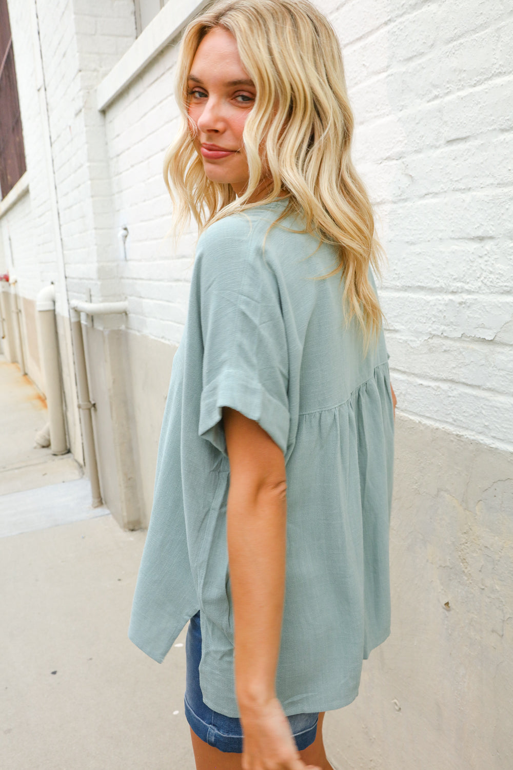Casual Chic Sage Linen Notch Neck Dolman Shorts Sleeve Top | Nikki &amp; Co. Boutique