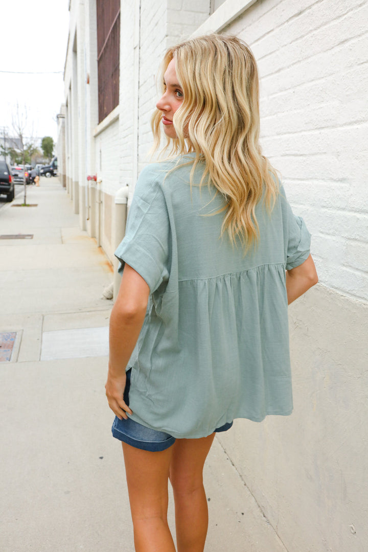 Casual Chic Sage Linen Notch Neck Dolman Shorts Sleeve Top | Nikki &amp; Co. Boutique
