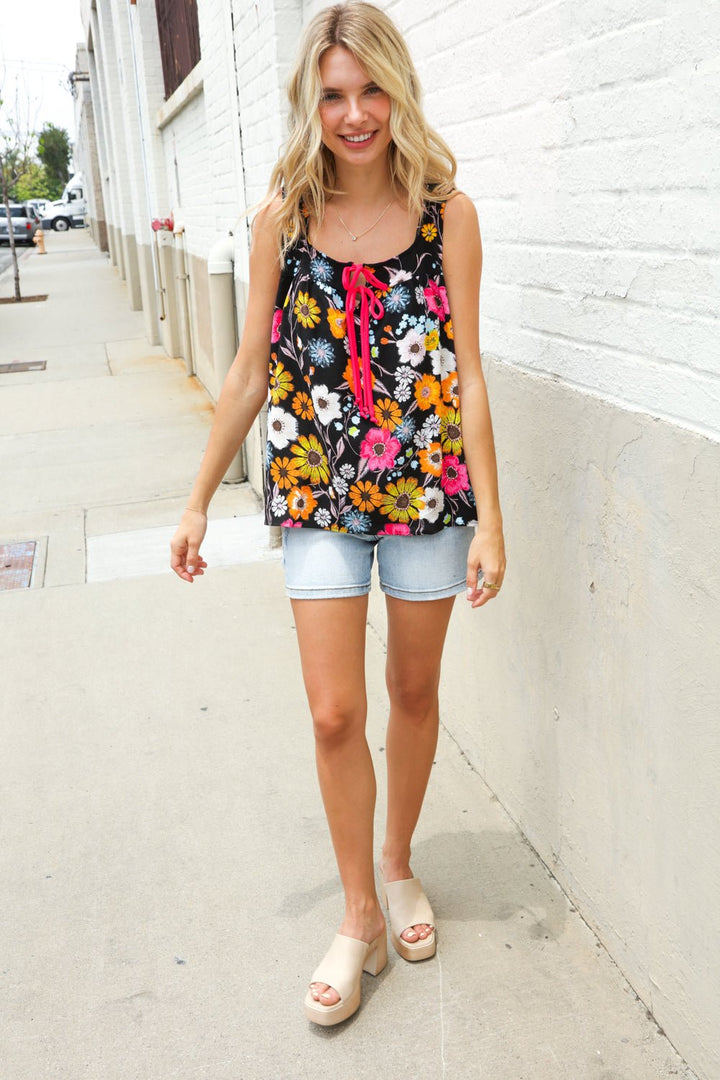 Flower Power Black Sleeveless Babydoll Bow Tie Tops - Nikki &amp; Co. Boutique