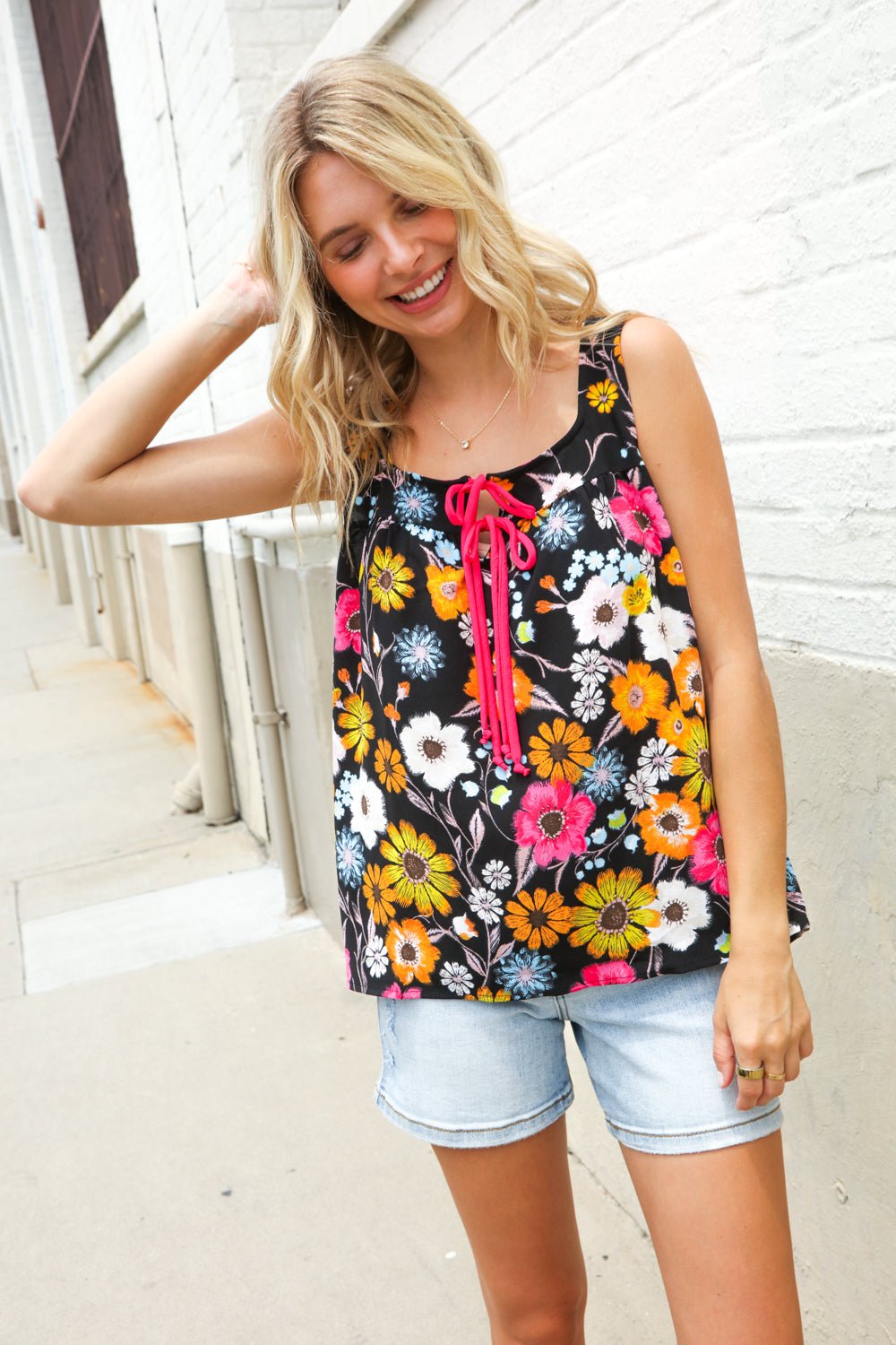 Flower Power Black Sleeveless Babydoll Bow Tie Tops - Nikki &amp; Co. Boutique