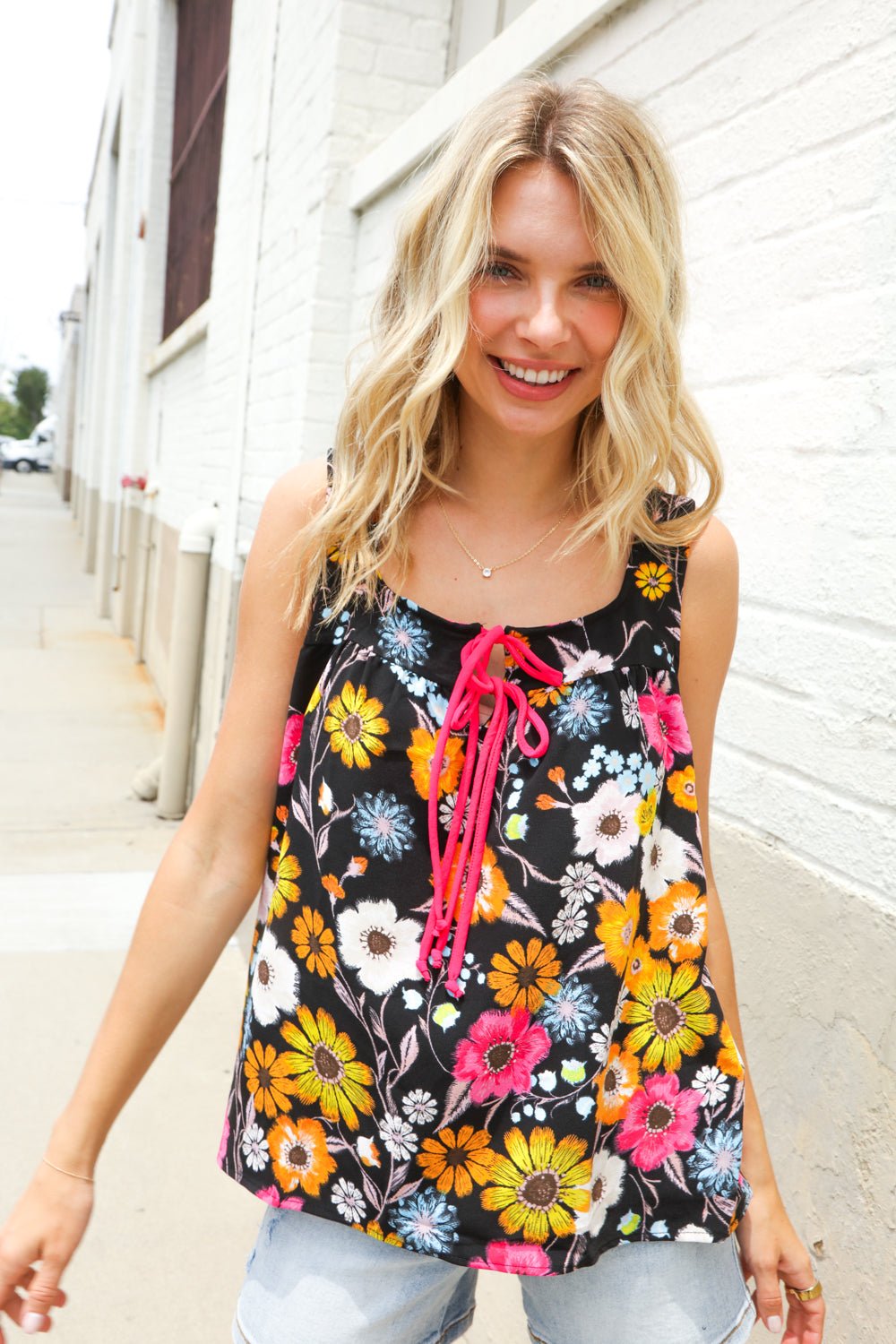 Flower Power Black Sleeveless Babydoll Bow Tie Tops - Nikki &amp; Co. Boutique