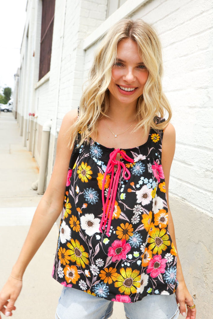 Flower Power Black Sleeveless Babydoll Bow Tie Tops - Nikki &amp; Co. Boutique