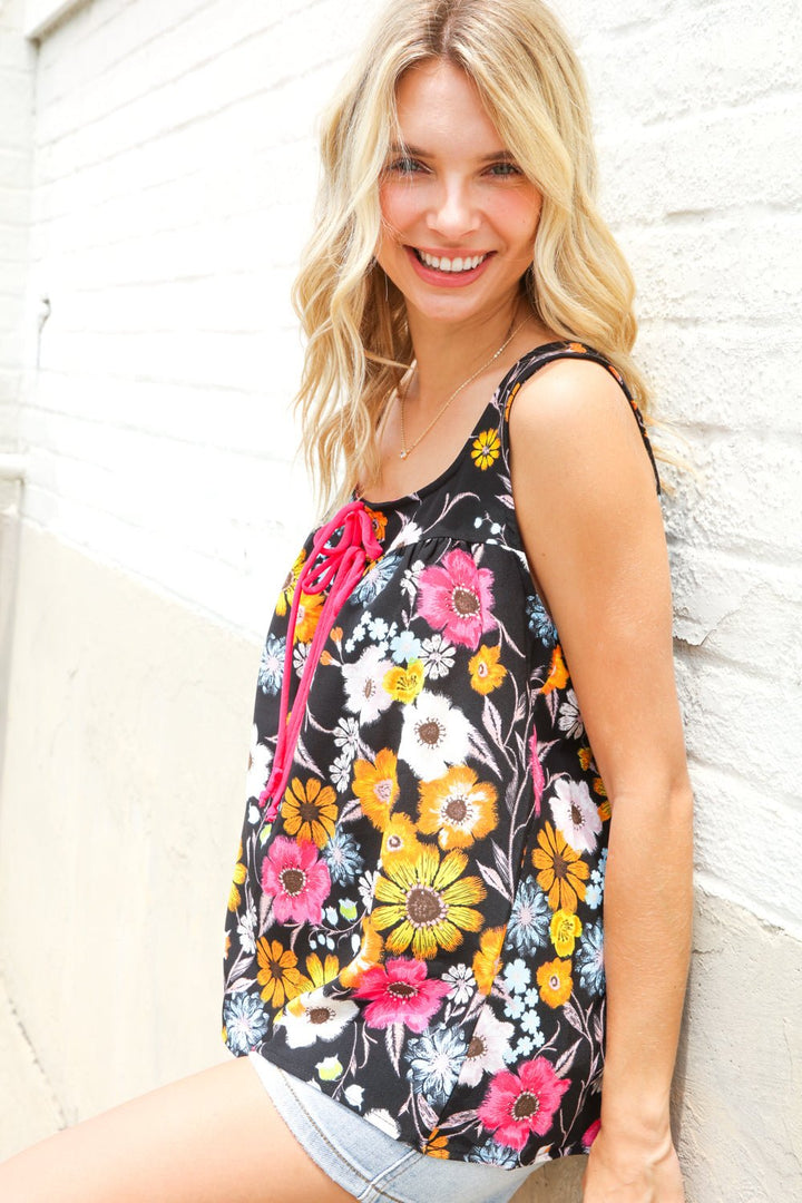 Flower Power Black Sleeveless Babydoll Bow Tie Tops - Nikki &amp; Co. Boutique