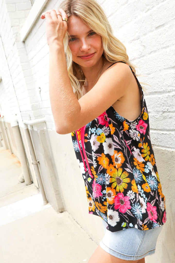 Flower Power Black Sleeveless Babydoll Bow Tie Tops - Nikki &amp; Co. Boutique