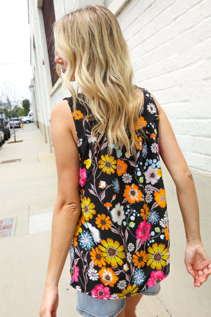 Flower Power Black Sleeveless Babydoll Bow Tie Tops - Nikki &amp; Co. Boutique