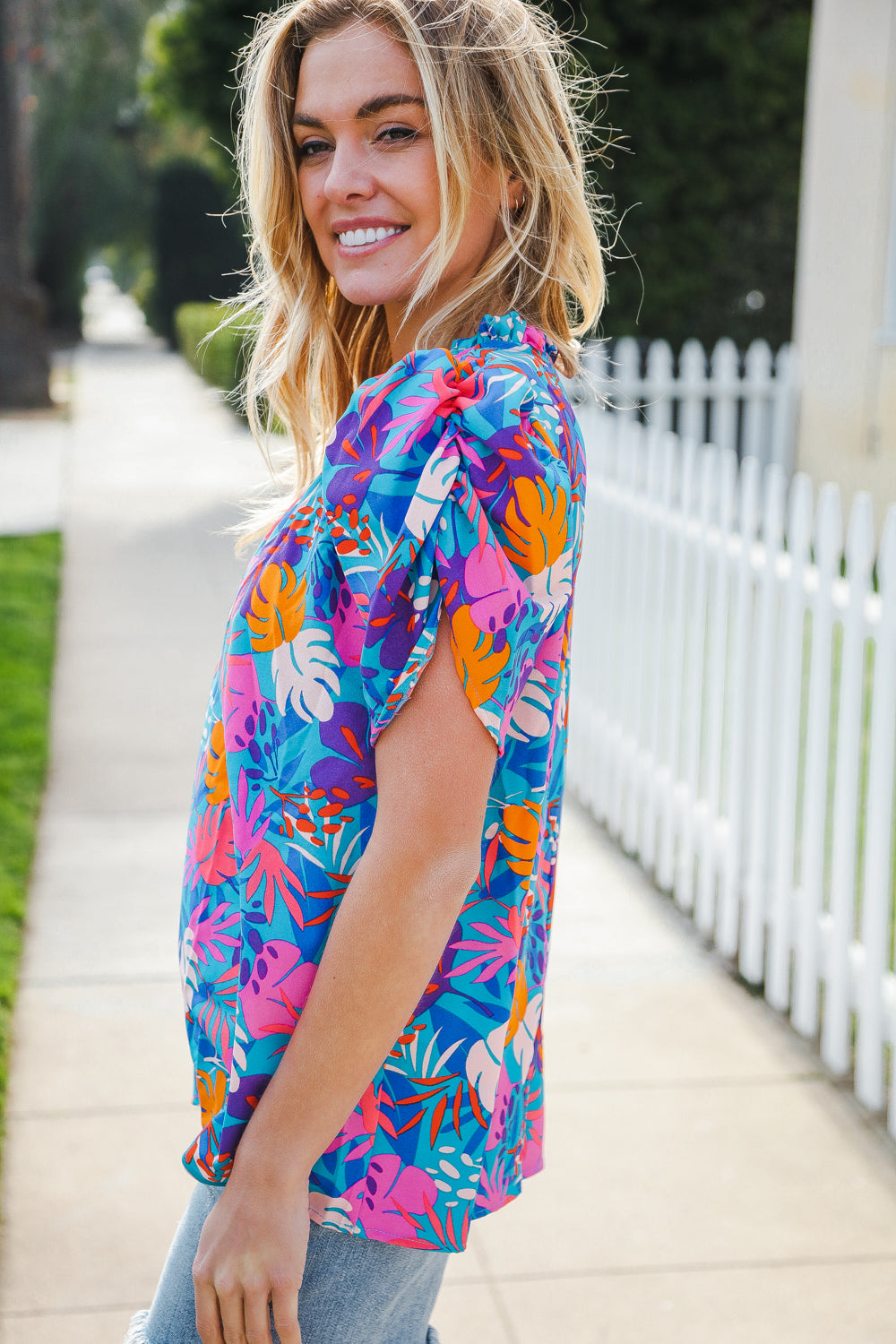 All For You Aqua Tropical Print Frill Notch Neck Puff Sleeve Tops | Nikki &amp; Co. Boutique