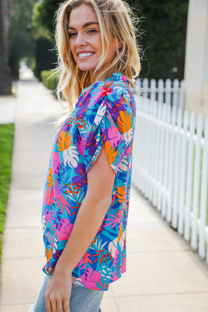 All For You Aqua Tropical Print Frill Notch Neck Puff Sleeve Tops | Nikki &amp; Co. Boutique