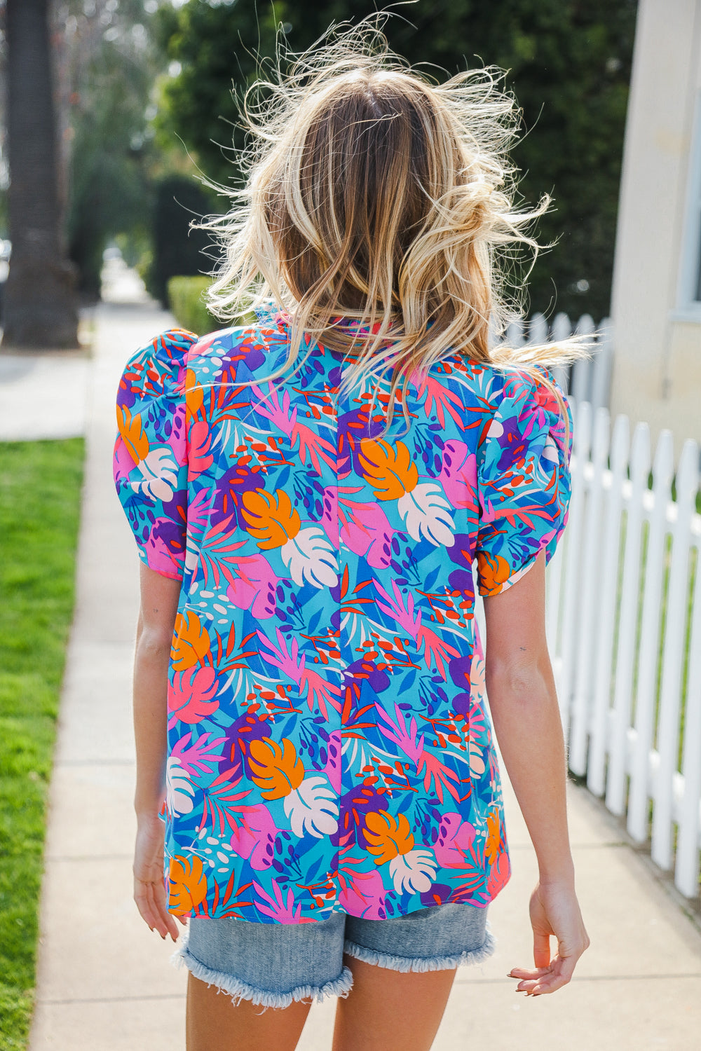 All For You Aqua Tropical Print Frill Notch Neck Puff Sleeve Tops | Nikki &amp; Co. Boutique