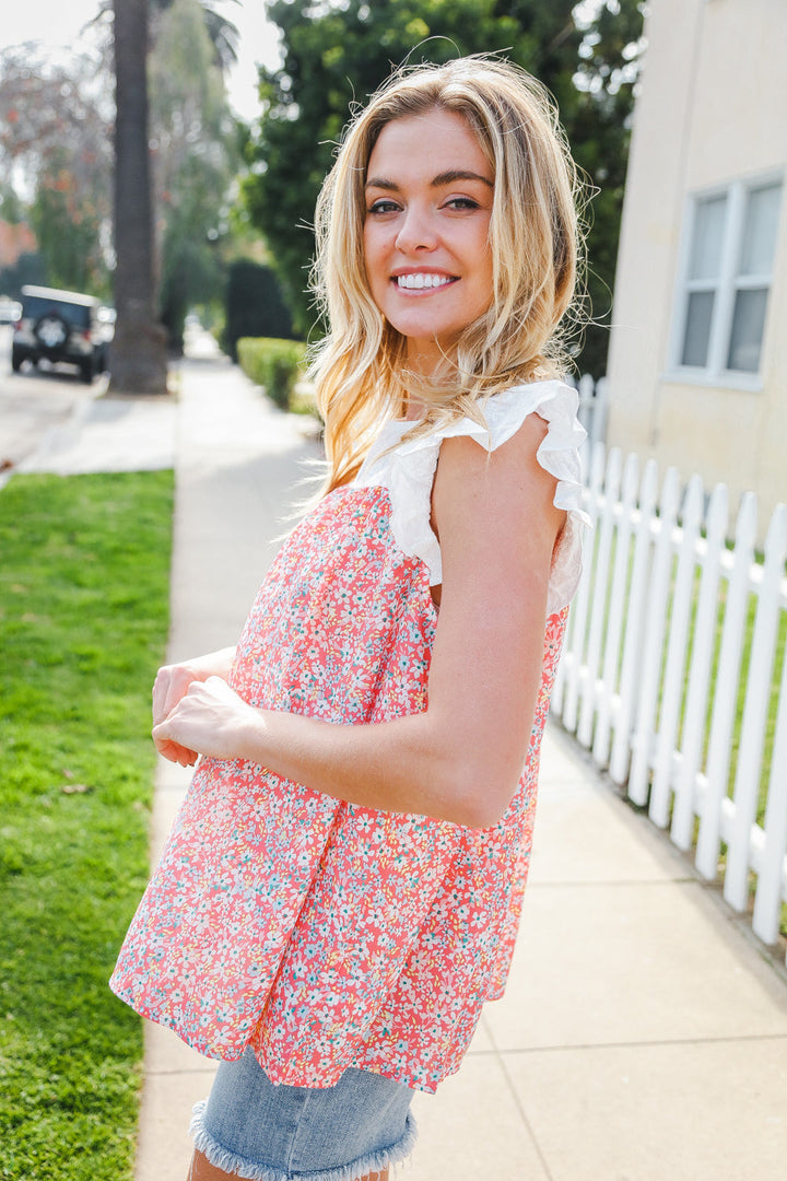 Coral &amp; White Cotton Floral Embroidered Yoke Top | Nikki &amp; Co. Boutique