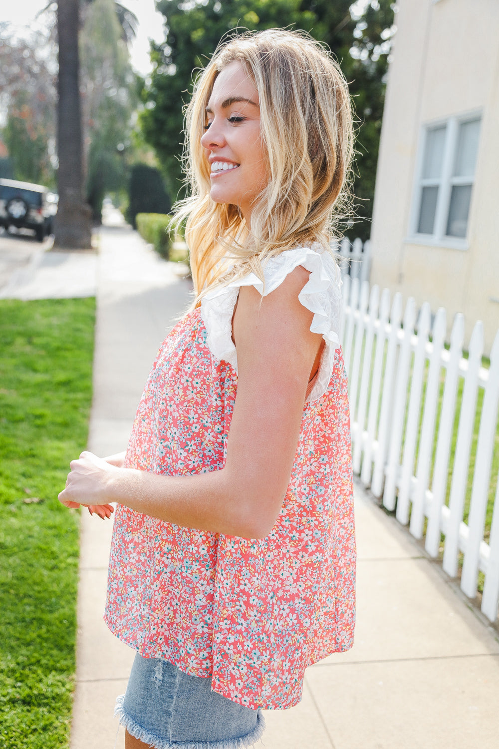 Coral &amp; White Cotton Floral Embroidered Yoke Top | Nikki &amp; Co. Boutique