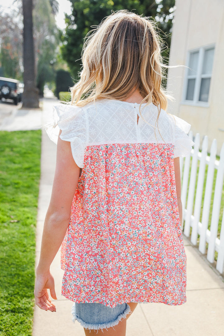 Coral &amp; White Cotton Floral Embroidered Yoke Top | Nikki &amp; Co. Boutique