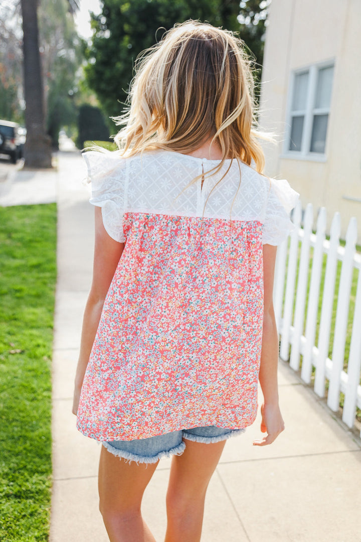 Coral &amp; White Cotton Floral Embroidered Yoke Top | Nikki &amp; Co. Boutique