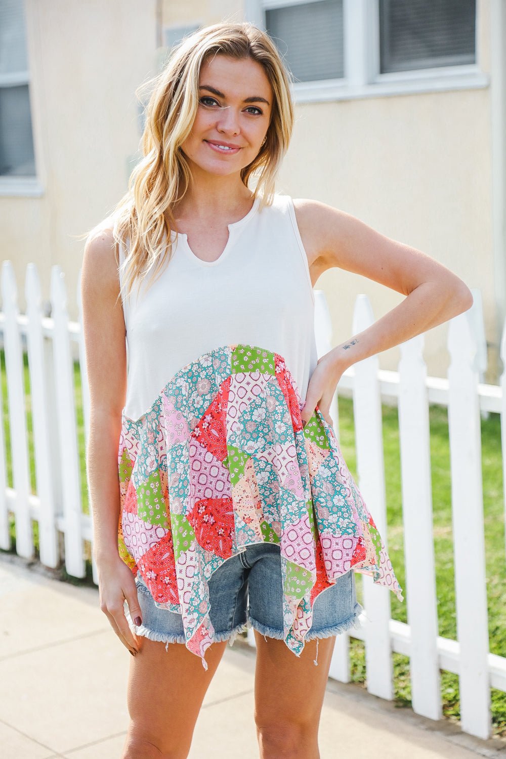 Feeling Femme Beige Patchwork Notched Neck Shark bite Top - Nikki &amp; Co. Boutique