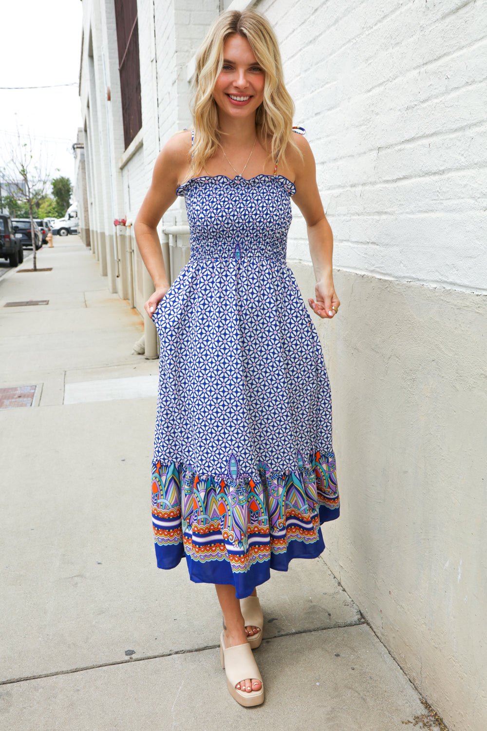 Follow Me Navy Boho Print Smocked Shoulder Tie Border Hem Dress - Nikki &amp; Co. Boutique