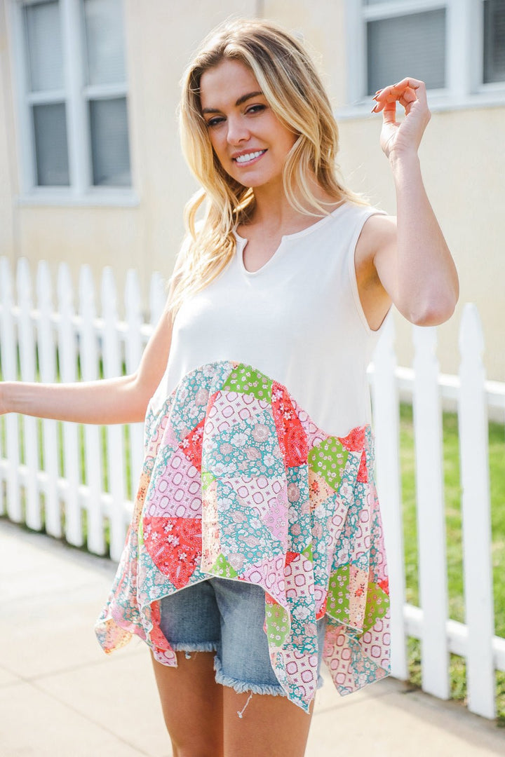 Feeling Femme Beige Patchwork Notched Neck Shark bite Top - Nikki &amp; Co. Boutique