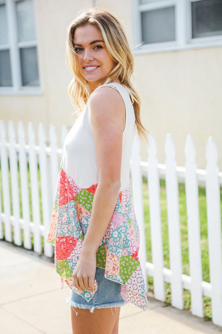 Feeling Femme Beige Patchwork Notched Neck Shark bite Top - Nikki &amp; Co. Boutique