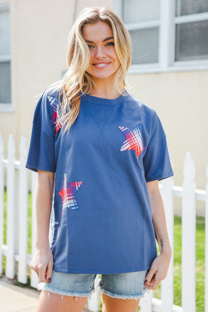 Patriotic Denim Blue French Terry Plaid Star Patch Top | Nikki &amp; Co. Boutique