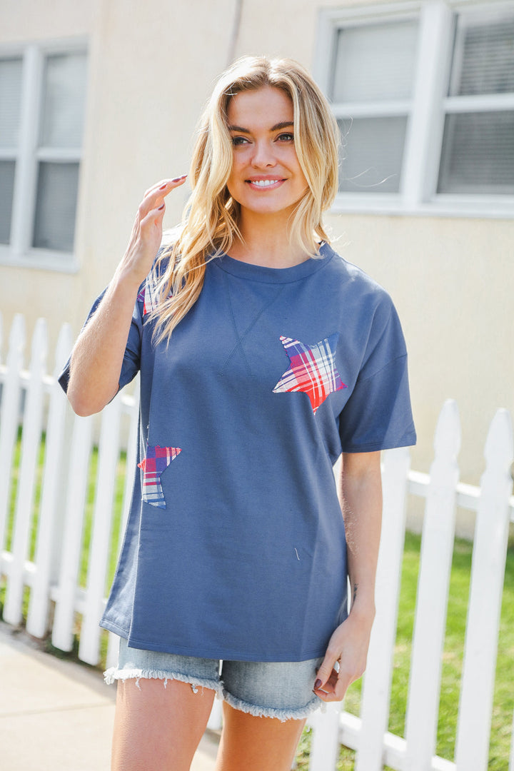 Patriotic Denim Blue French Terry Plaid Star Patch Top | Nikki &amp; Co. Boutique