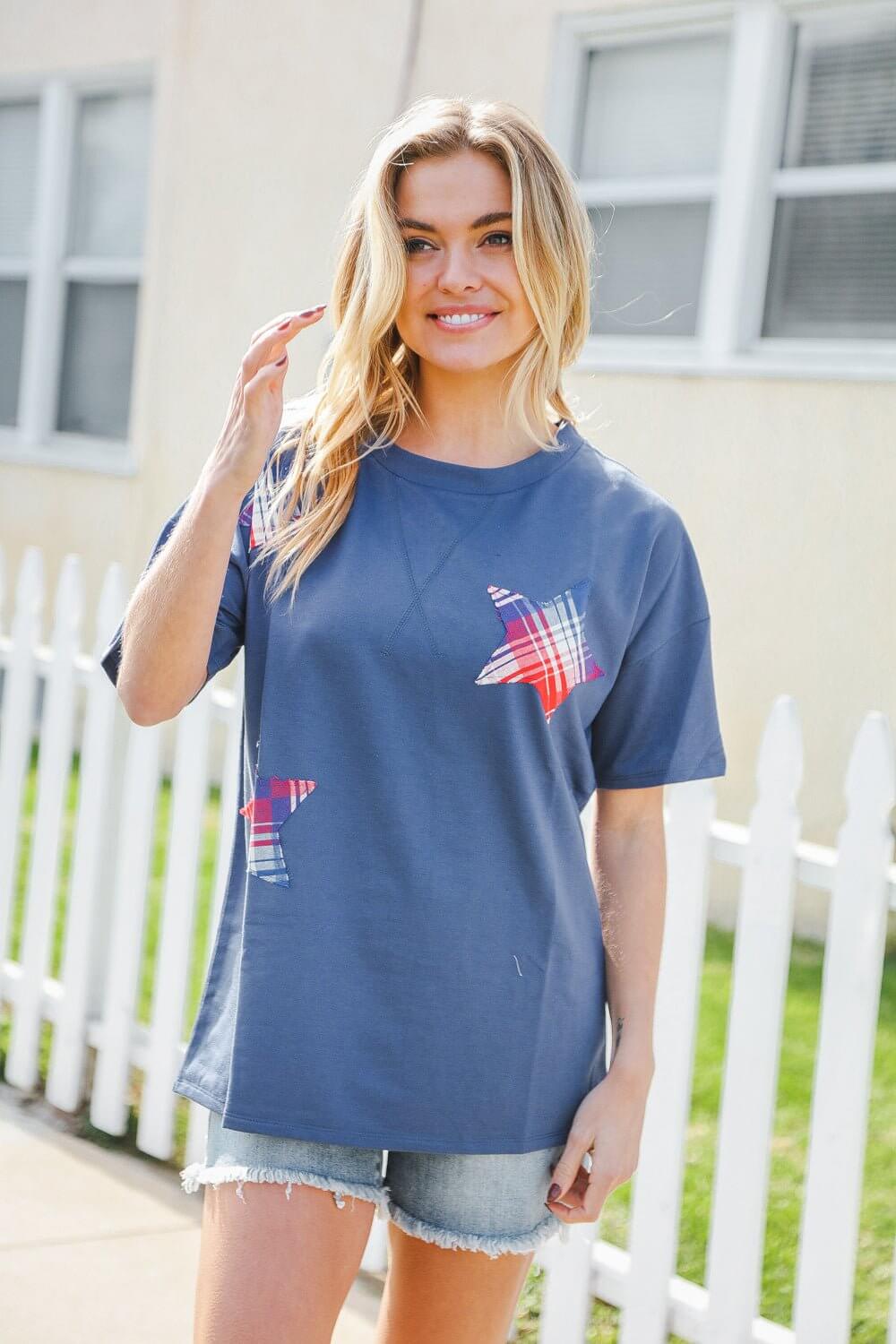 Patriotic Denim Blue French Terry Plaid Star Patch Top - Nikki &amp; Co. Boutique