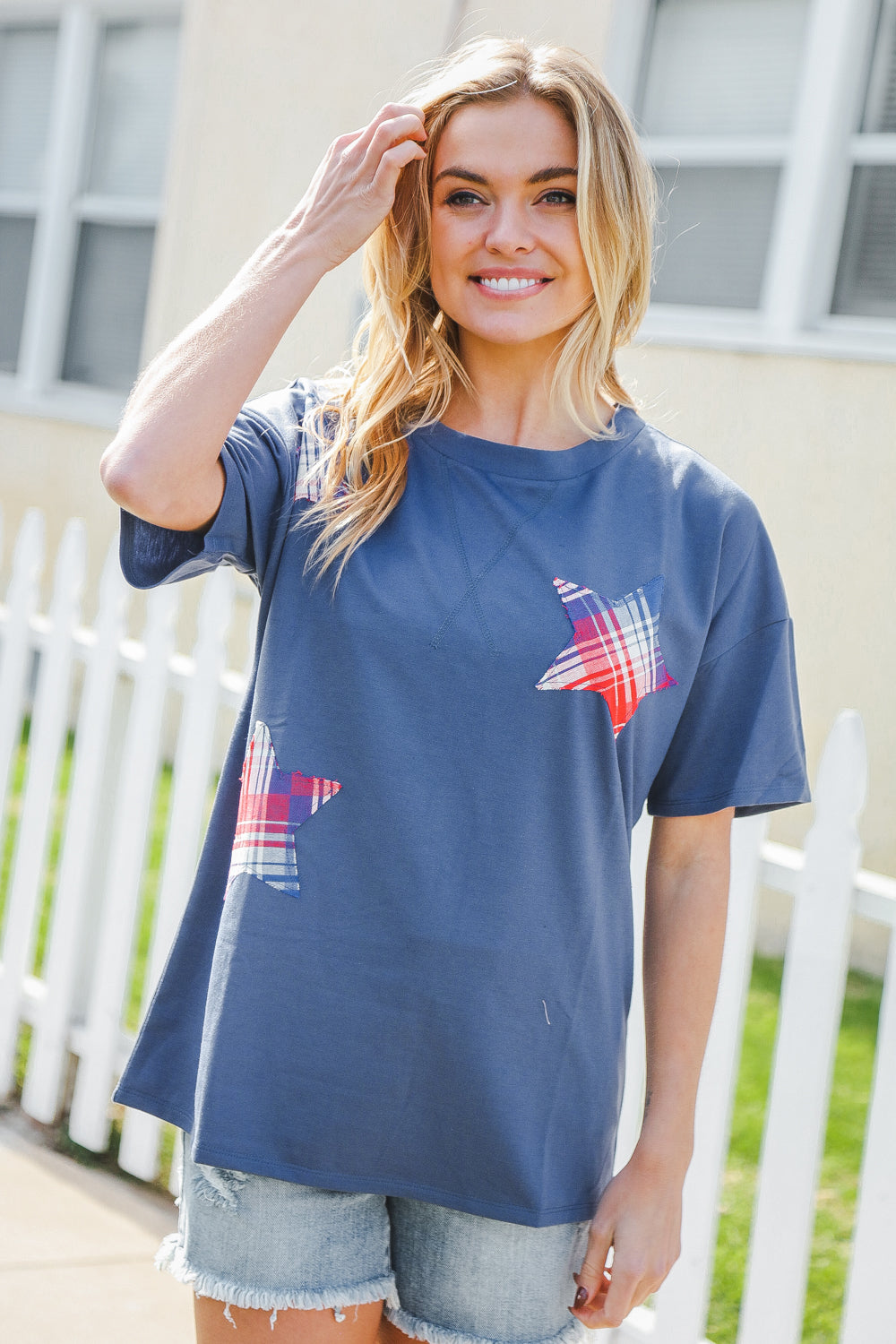 Patriotic Denim Blue French Terry Plaid Star Patch Top | Nikki & Co. Boutique