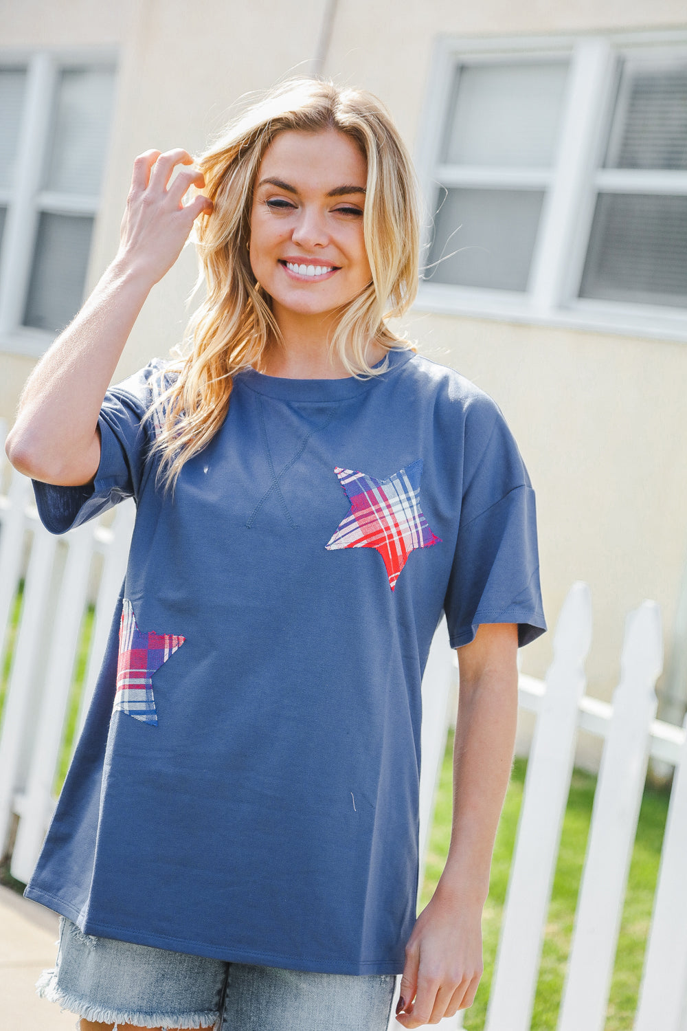 Patriotic Denim Blue French Terry Plaid Star Patch Top | Nikki &amp; Co. Boutique