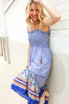 Follow Me Navy Boho Print Smocked Shoulder Tie Border Hem Dress