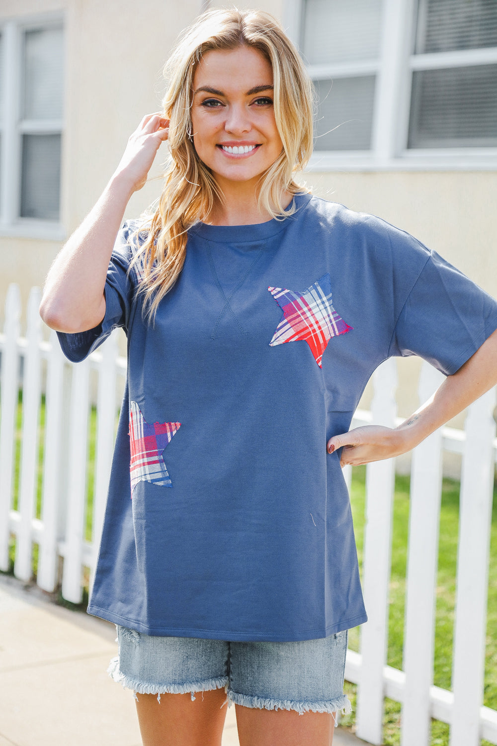 Patriotic Denim Blue French Terry Plaid Star Patch Top | Nikki &amp; Co. Boutique