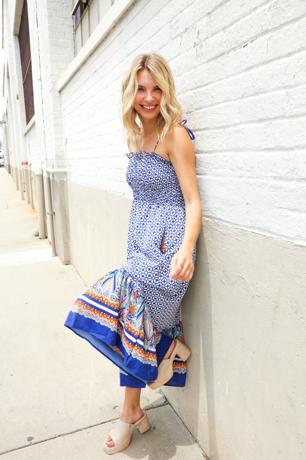 Follow Me Navy Boho Print Smocked Shoulder Tie Border Hem Dress - Nikki &amp; Co. Boutique