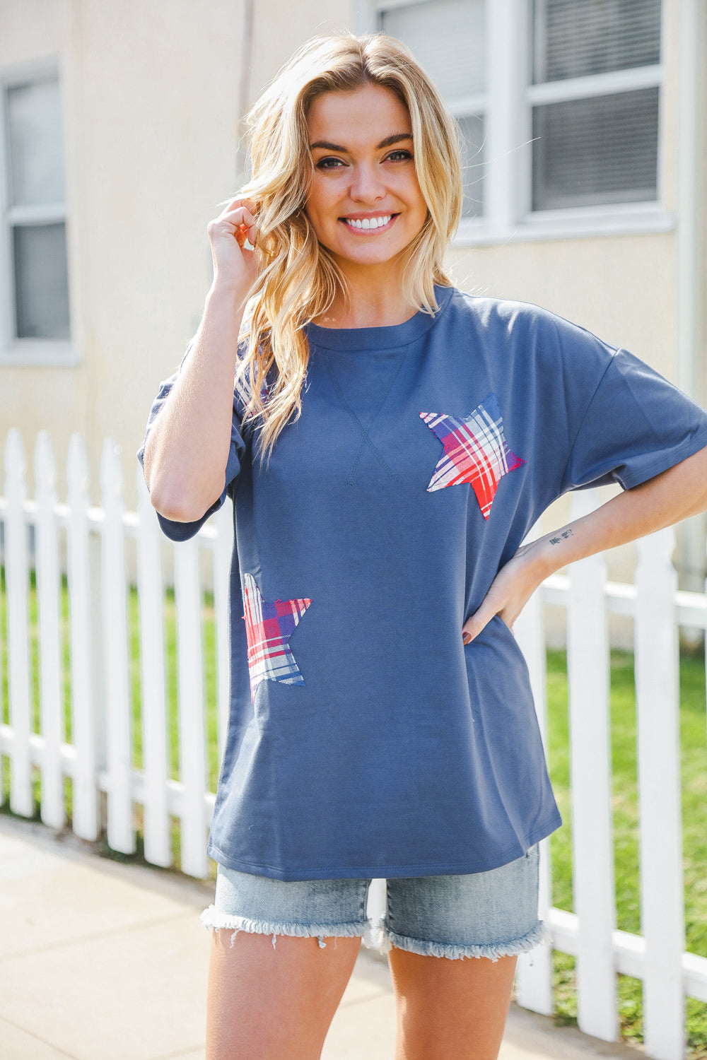 Patriotic Denim Blue French Terry Plaid Star Patch Top | Nikki &amp; Co. Boutique