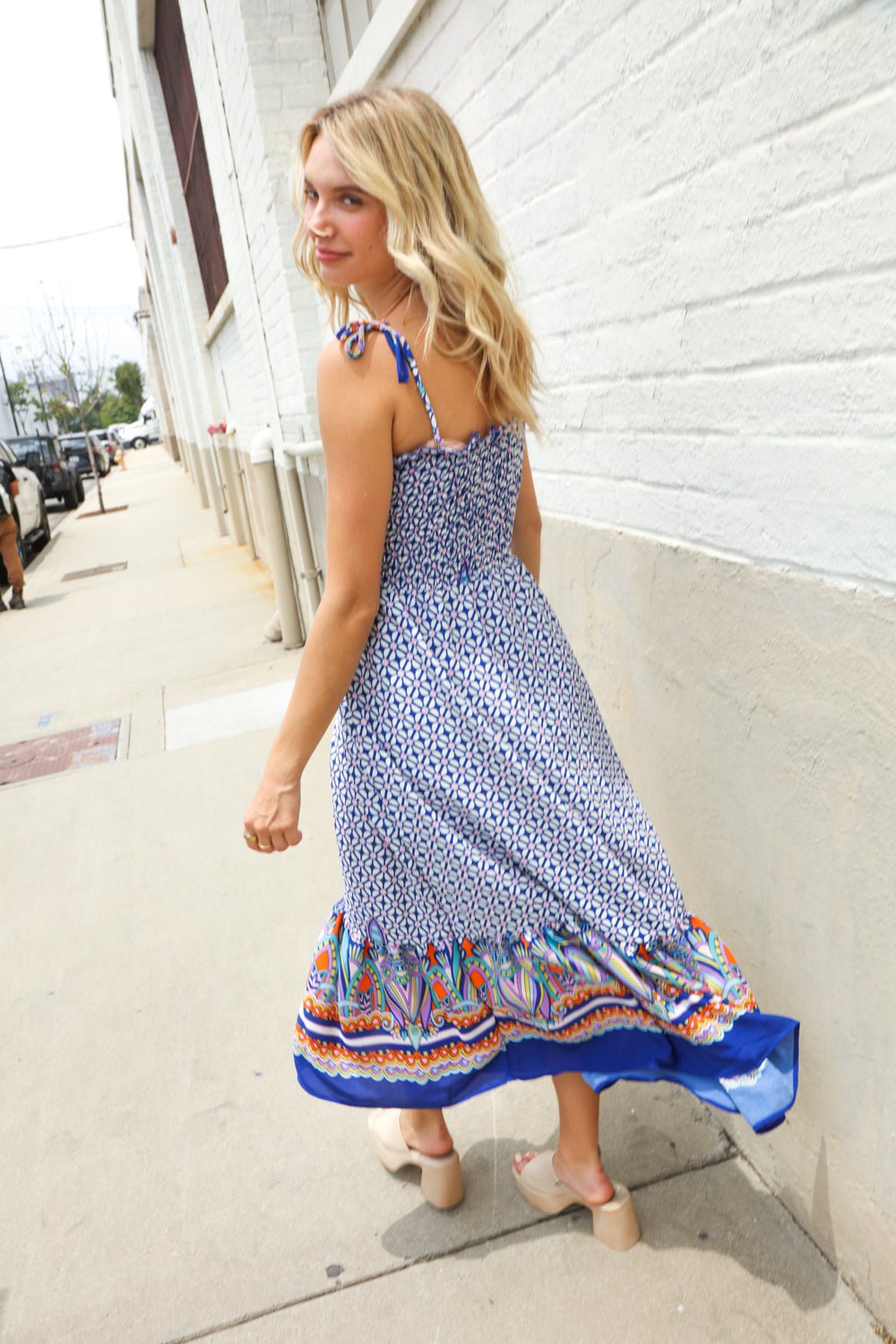 Follow Me Navy Boho Print Smocked Shoulder Tie Border Hem Dress - Nikki &amp; Co. Boutique