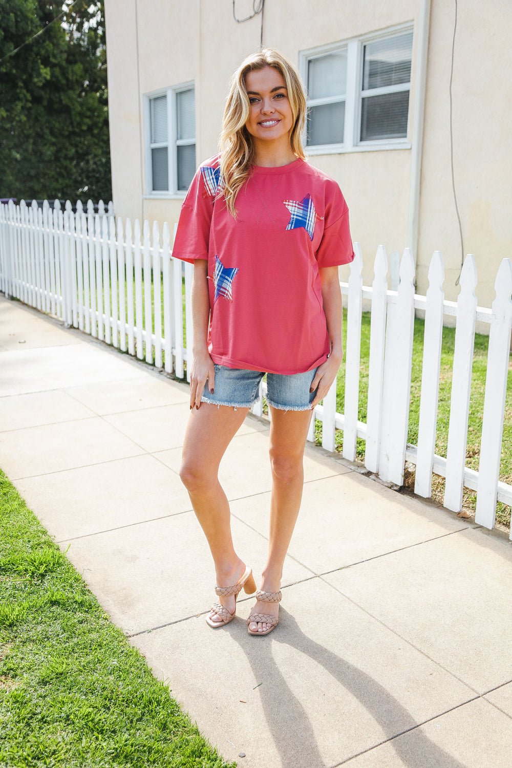 Patriotic Red Fench Terry Plaid Star Patch Top - Nikki &amp; Co. Boutique