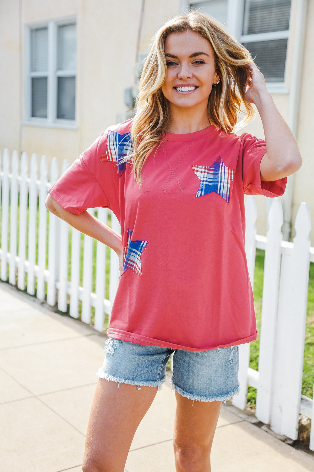 Patriotic Red Fench Terry Plaid Star Patch Top | Nikki & Co. Boutique
