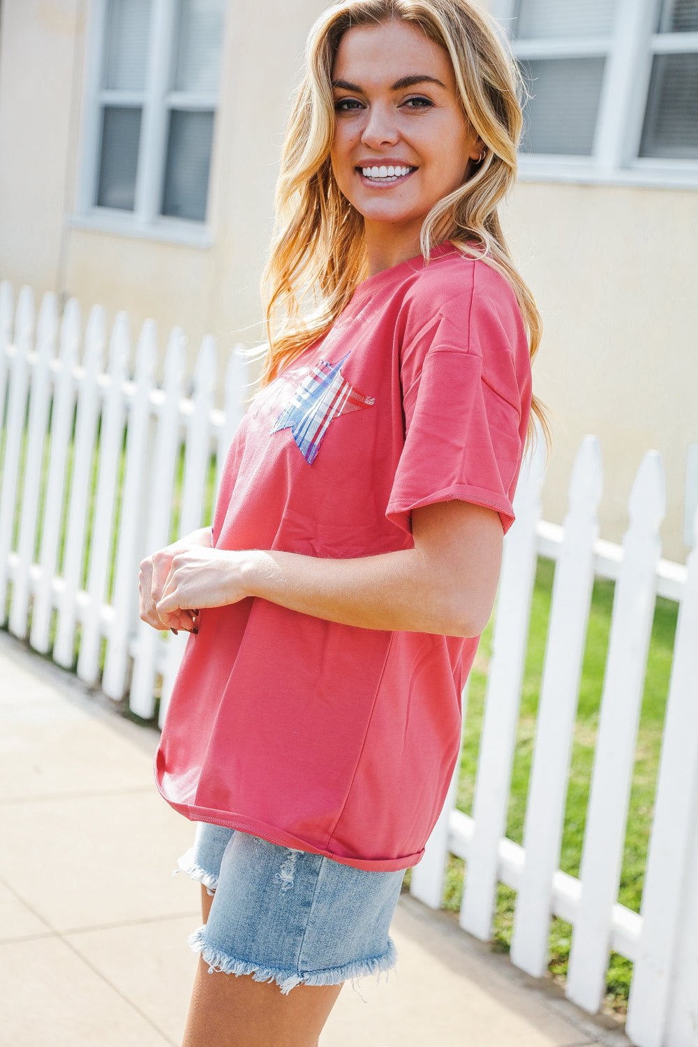 Patriotic Red Fench Terry Plaid Star Patch Top - Nikki &amp; Co. Boutique