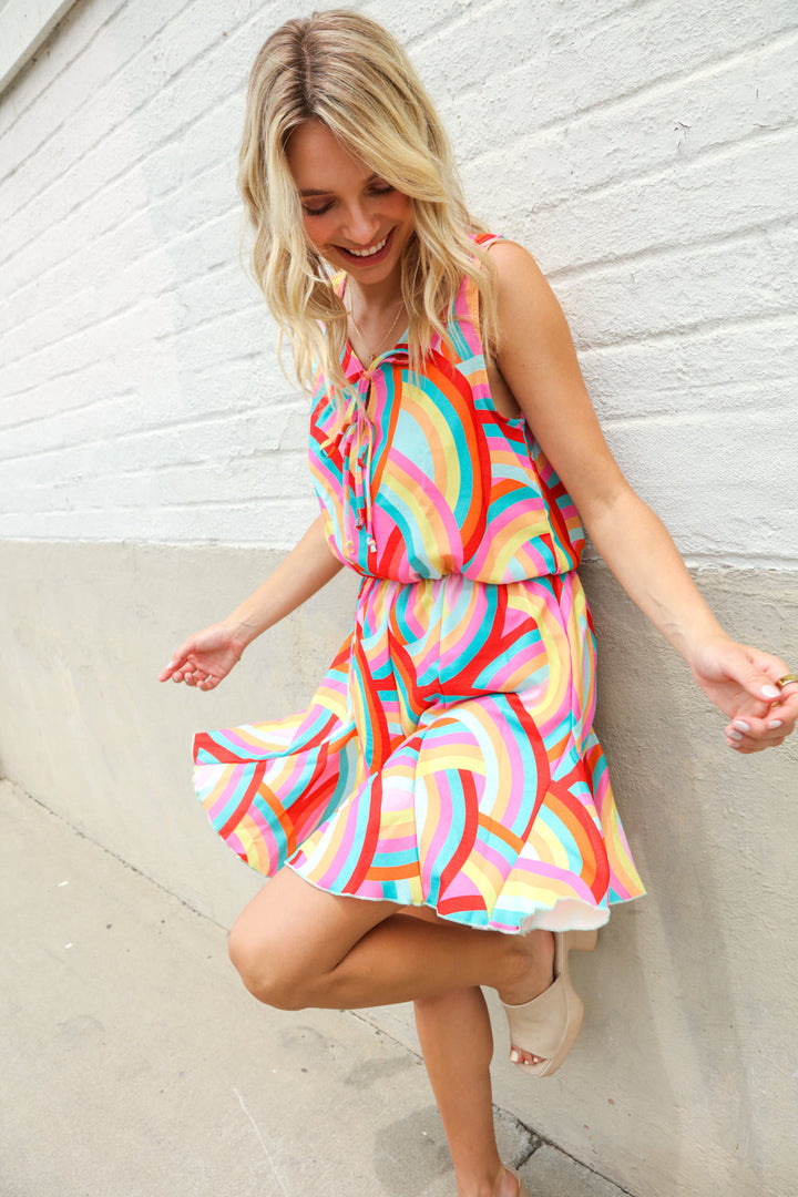 Find Love Multicolor Neck Ribbon Tie Bow Flare Hem Romper | Nikki &amp; Co. Boutique