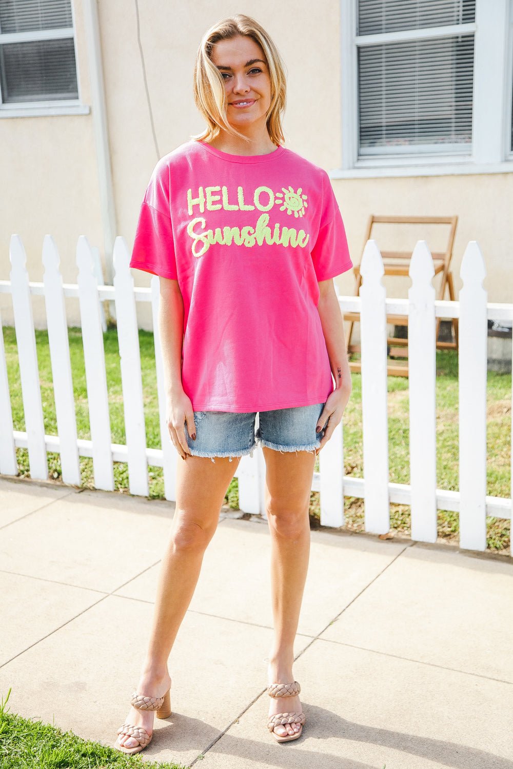 Hello Sunshine Pink/Yellow Embroidered French Terry Pullover - Nikki &amp; Co. Boutique