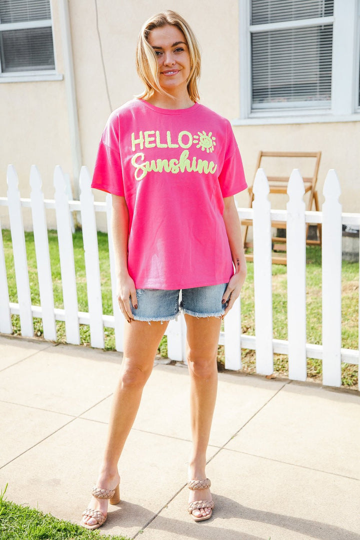 Hello Sunshine Pink/Yellow Embroidered French Terry Pullover - Nikki &amp; Co. Boutique