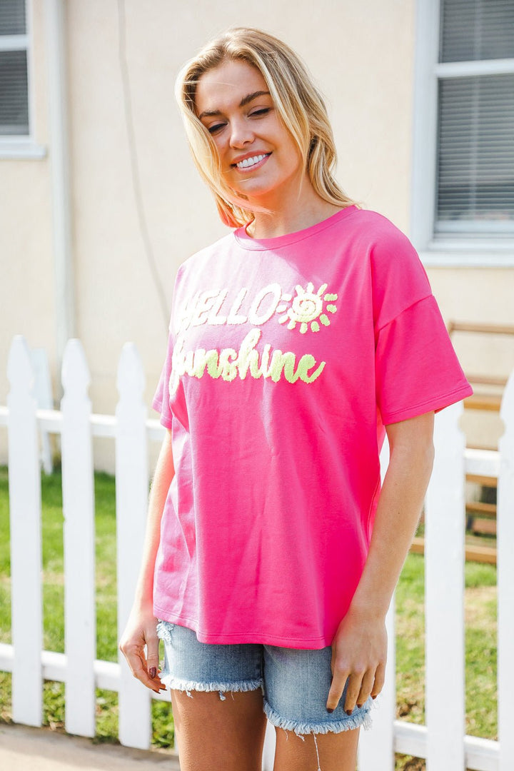 Hello Sunshine Pink/Yellow Embroidered French Terry Pullover - Nikki &amp; Co. Boutique