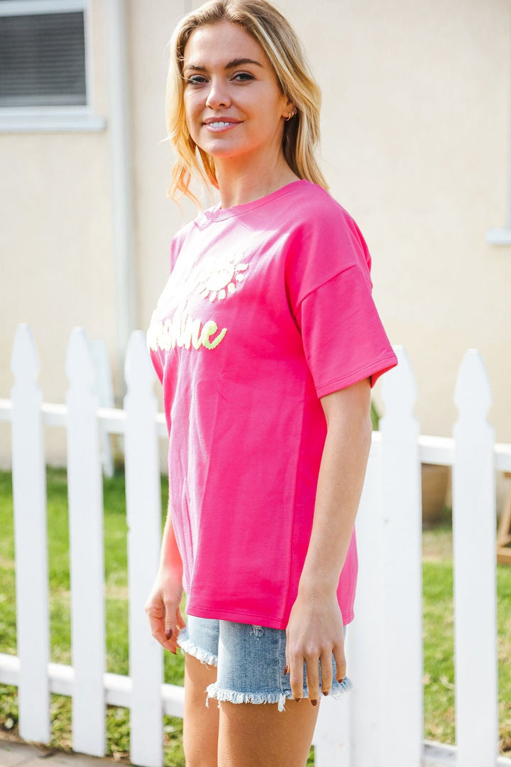 Hello Sunshine Pink/Yellow Embroidered French Terry Pullover - Nikki &amp; Co. Boutique