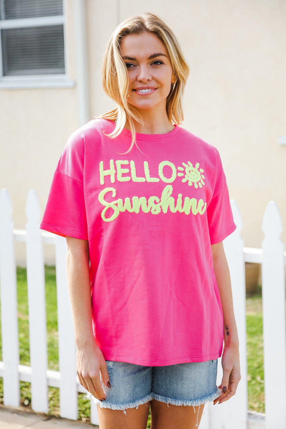 Hello Sunshine Pink/Yellow Embroidered French Terry Pullover | Nikki & Co. Boutique