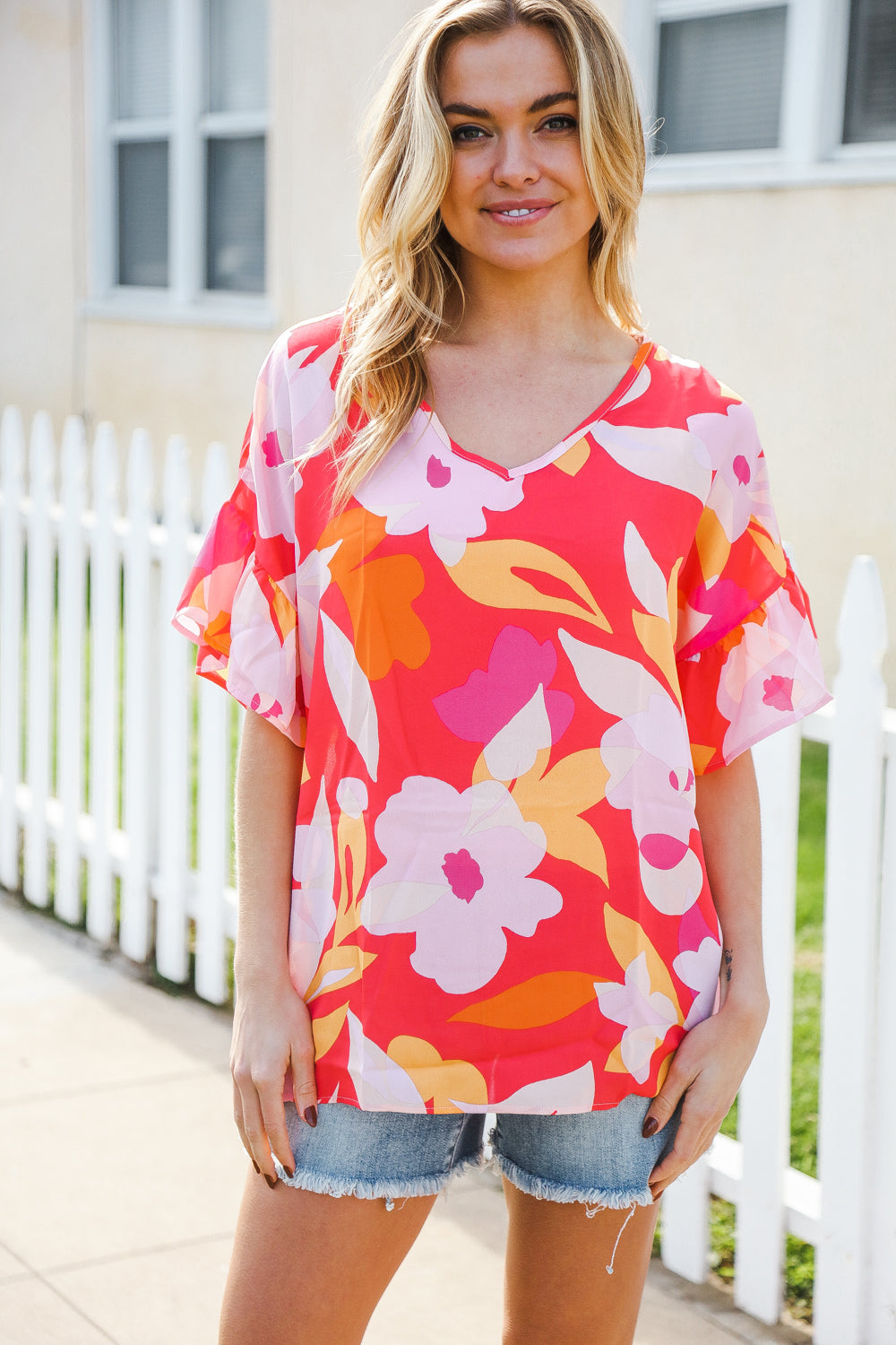 Tropical Vibes Peach Floral Dolman Ruffle Frill Sleeve Blouse | Nikki &amp; Co. Boutique