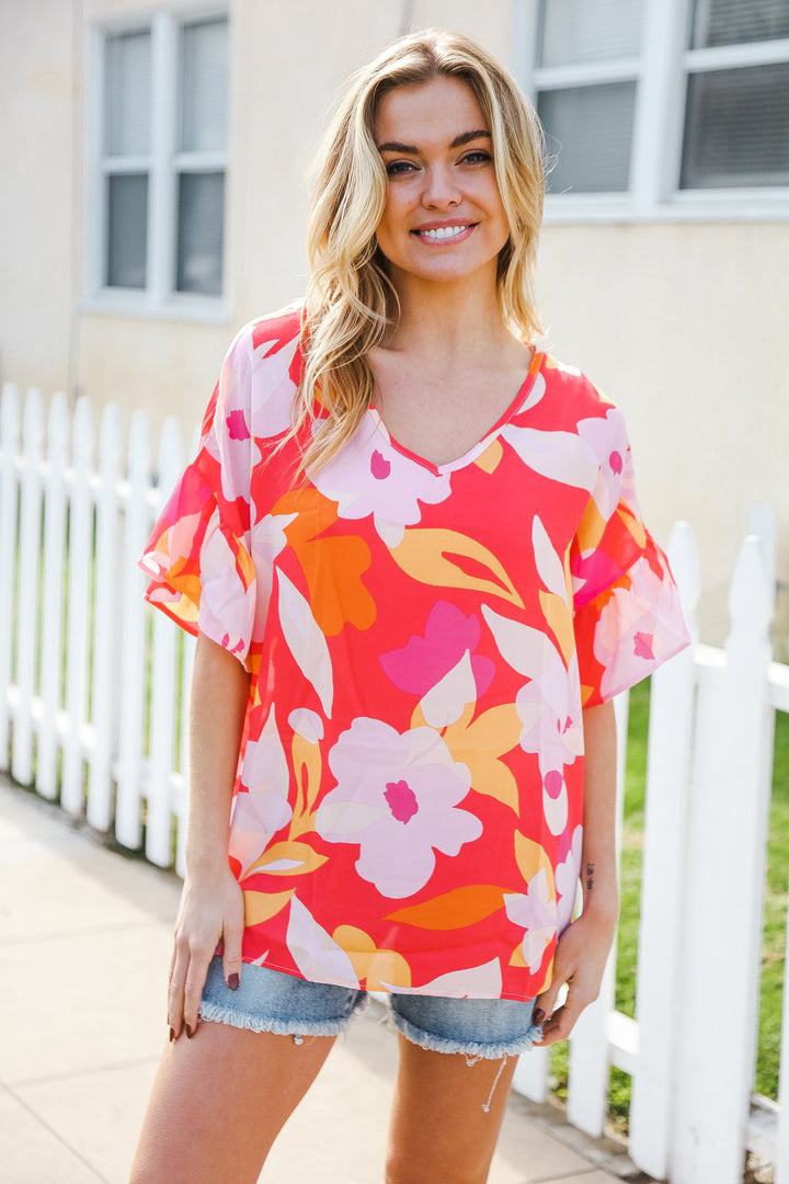Tropical Vibes Peach Floral Dolman Ruffle Frill Sleeve Blouse | Nikki &amp; Co. Boutique