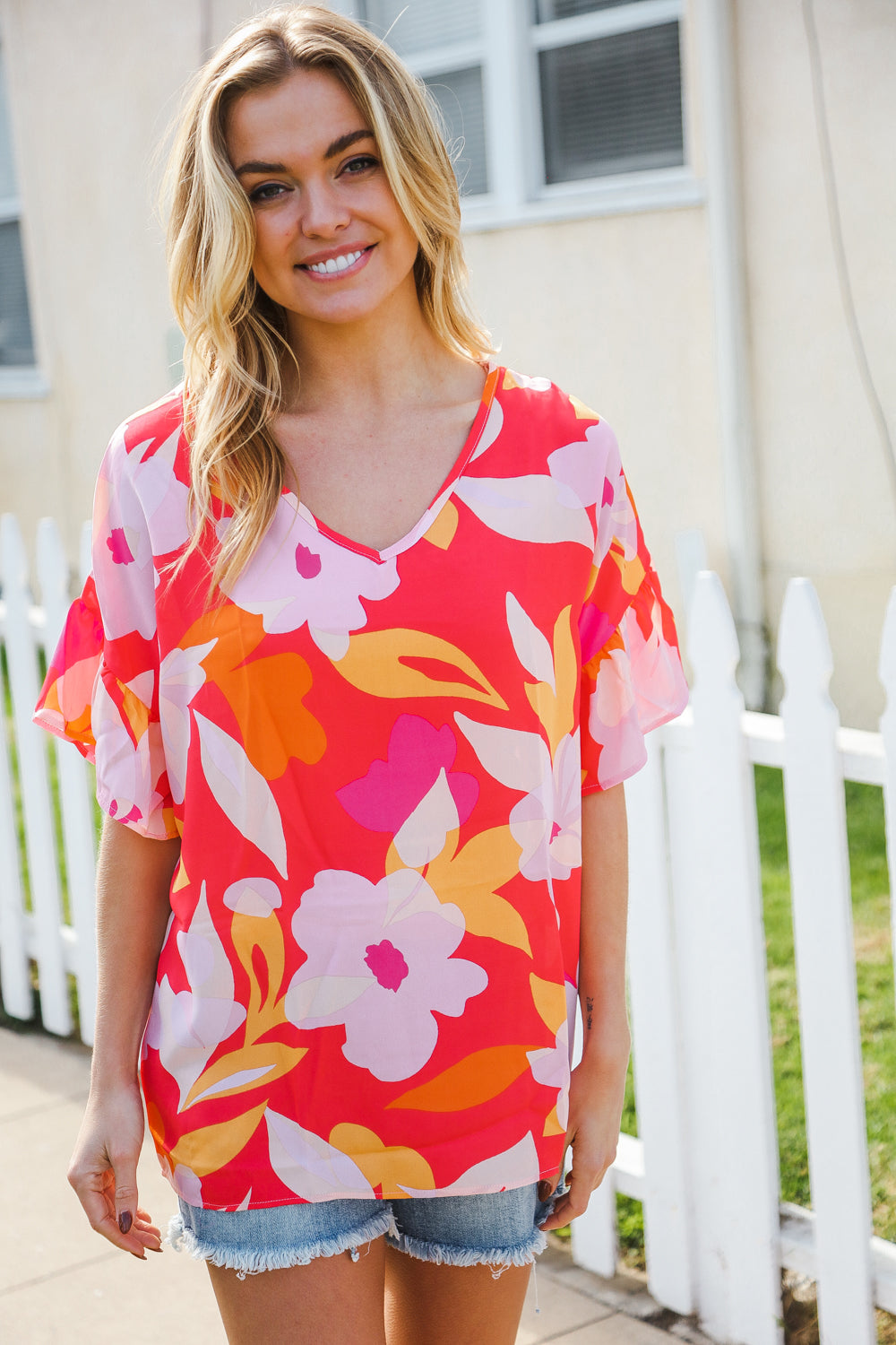 Tropical Vibes Peach Floral Dolman Ruffle Frill Sleeve Blouse | Nikki &amp; Co. Boutique